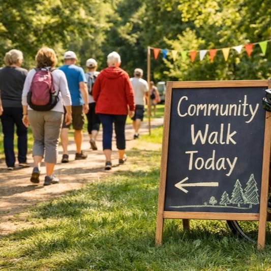 Soft illustration of a morning path between simple shapes